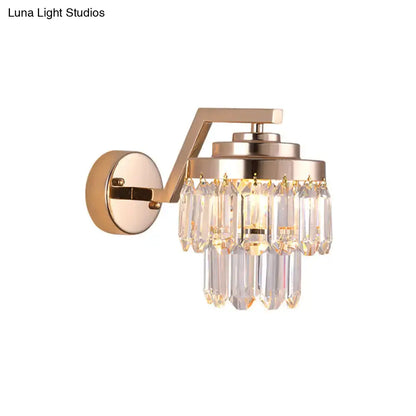 Modern gold crystal wall sconce with cascading prisms suitable for 220v-240v 110v-120v led incandescent fluorescent lighting