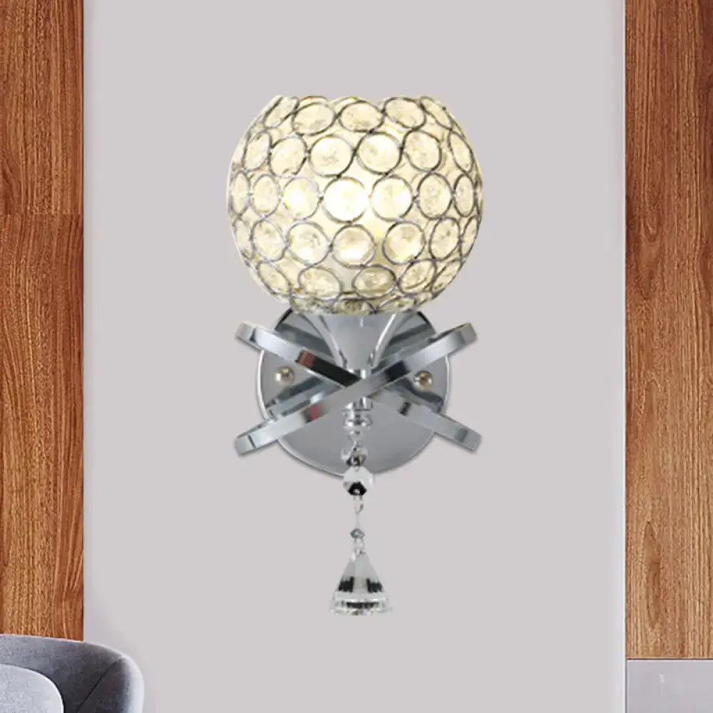 Modern gold crystal wall sconce bedroom light with chrome finish spherical glass shade and dropped crystal ball accents