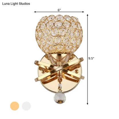Modern gold crystal wall sconce wall light featuring a spherical dropped crystal ball for bedroom lighting