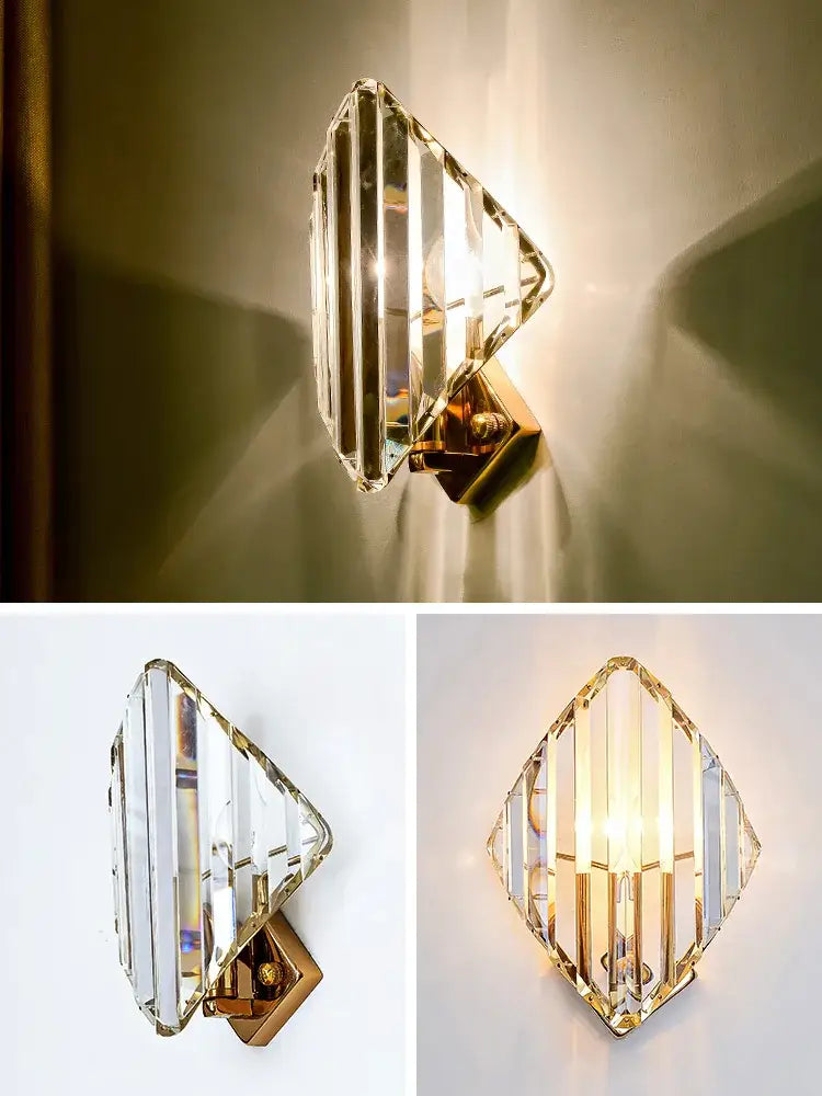 Modern gold crystal wall sconce with geometric faceted design and gold-toned metal base perfect for luxury bedroom decorbites crystal wall sconce