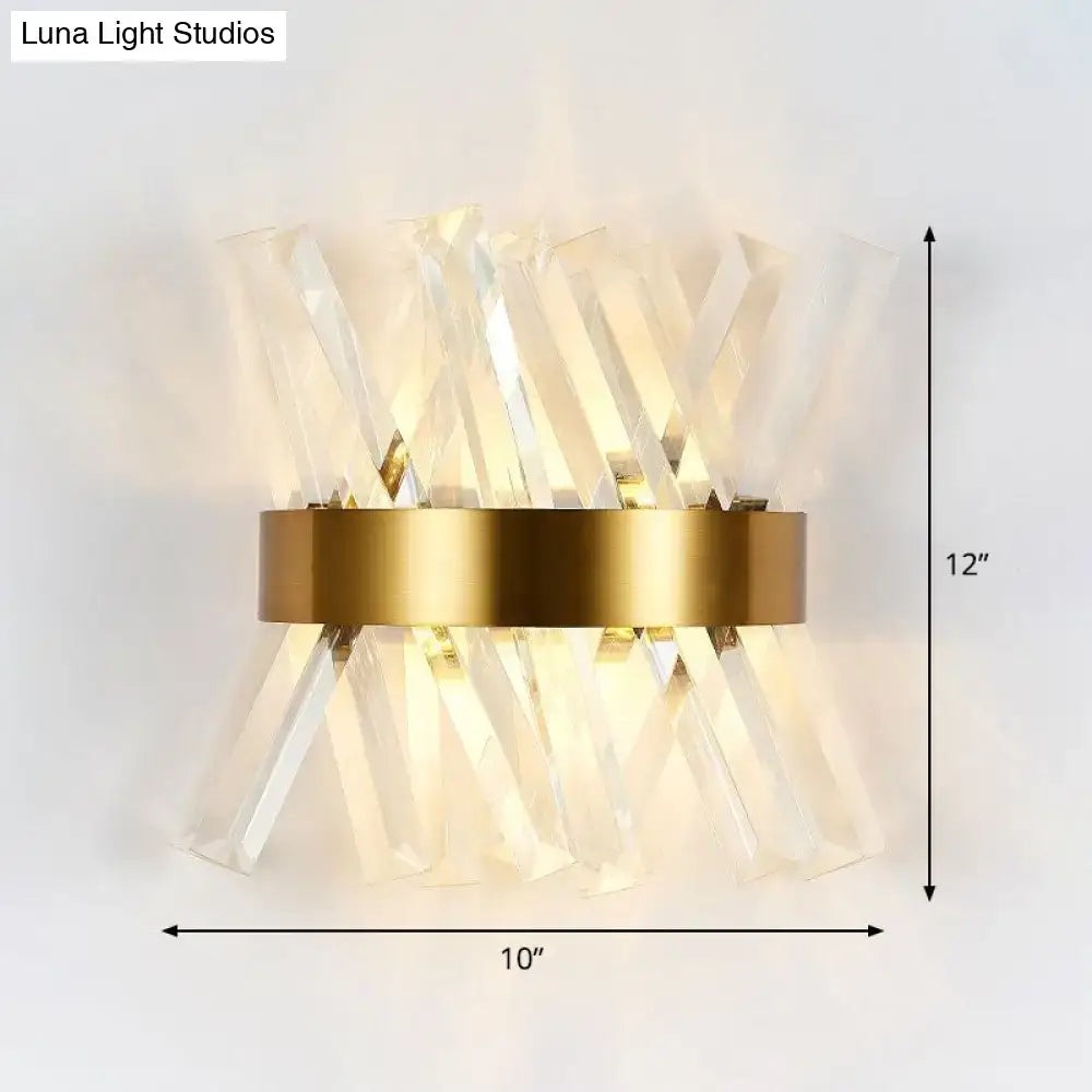 Modern gold crystal wall sconce with clear faceted crystal rods in a radial pattern for bedroom wall mount lamp