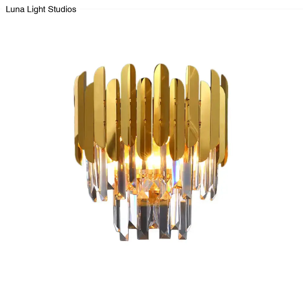 Modern gold crystal wall sconce featuring gold-finished metal and cascading crystal prisms for corridor wall lamp use