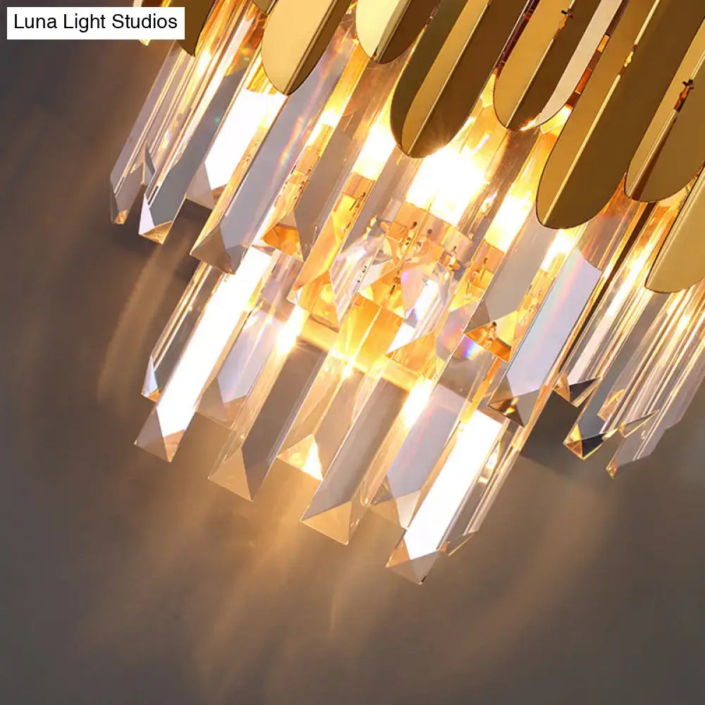 Modern gold crystal wall sconce wall lamp with gold-toned chandelier, cascading crystal prisms, and polished metallic accents