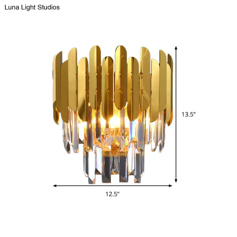 Modern gold crystal wall sconce wall lamp with gold-toned metallic frame and cascading crystal prisms for corridor use
