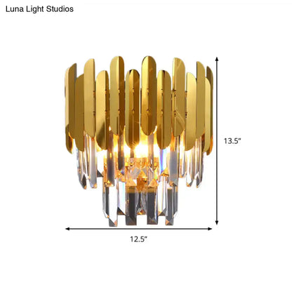 Modern gold crystal wall sconce wall lamp with gold-toned metallic frame and cascading crystal prisms for corridor use