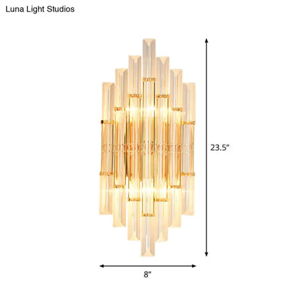 Modern gold crystal wall sconce with vertical glass rods and warm glow for living space 110v-120v lighting