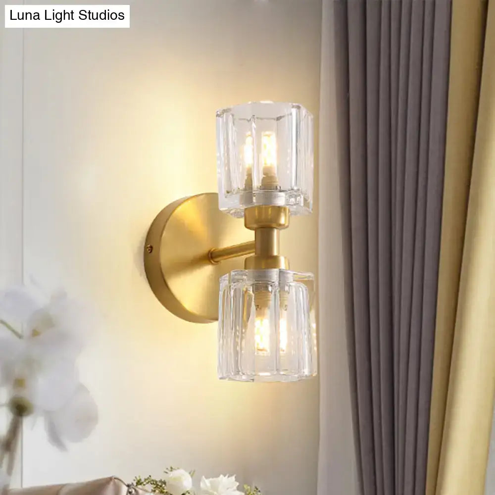 Modern gold crystal wall sconce with two clear faceted glass shades 2 inch fixture for living room lighting