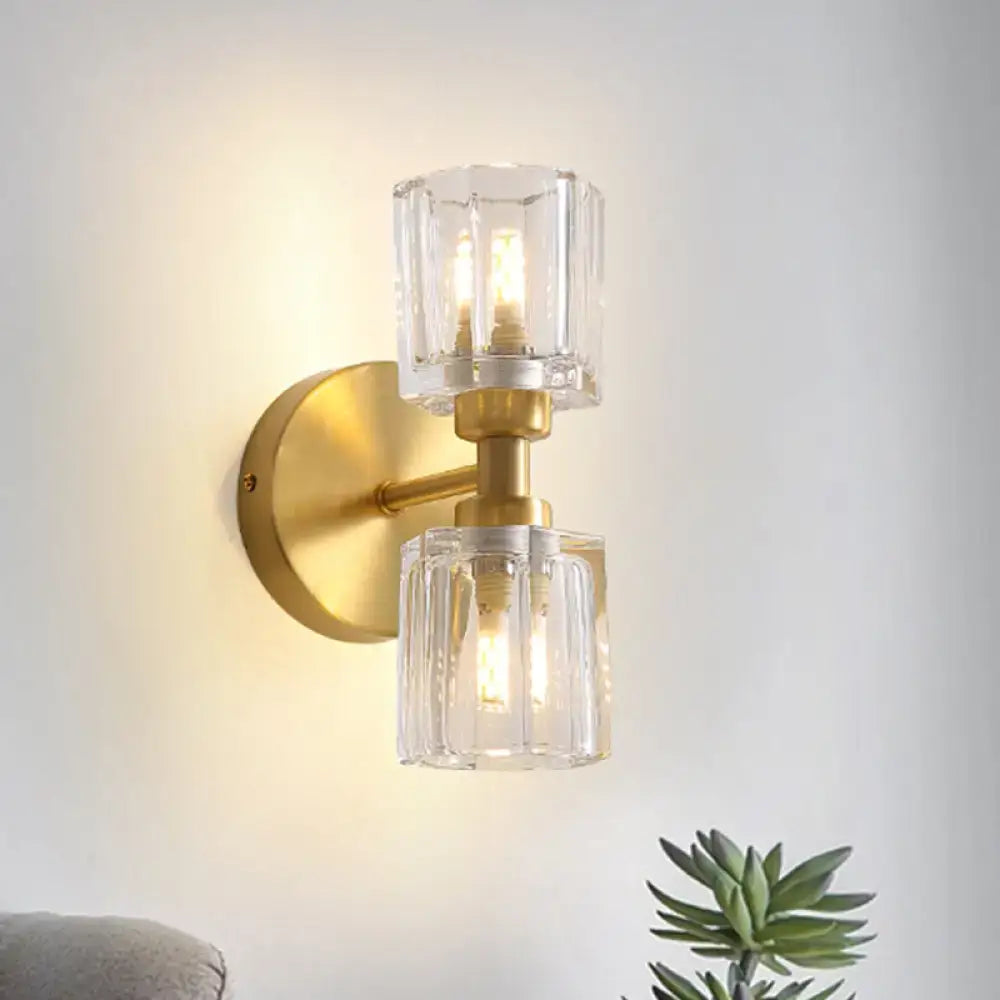 Modern gold crystal wall sconce with two clear faceted glass shades 2 inch fixture for living room lighting