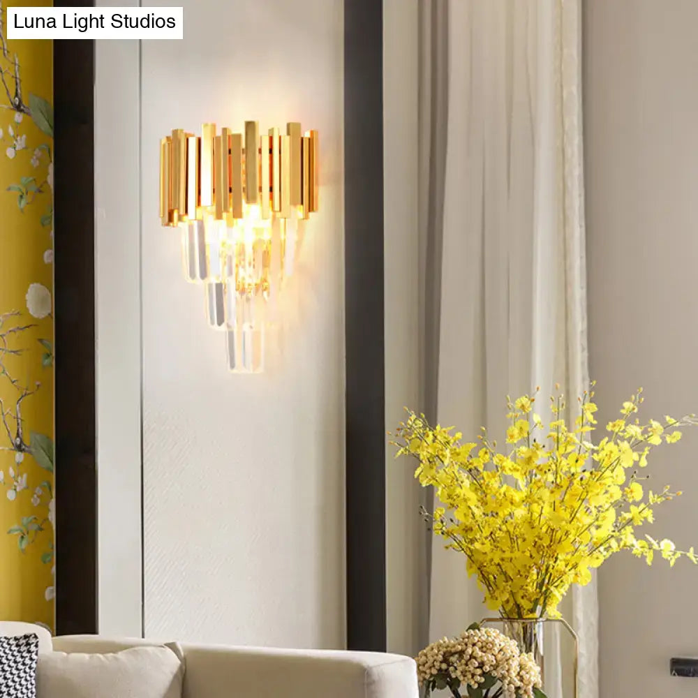 Modern gold crystal wall sconce with vertical acrylic bars and hanging crystals for living room 4 layer fixture