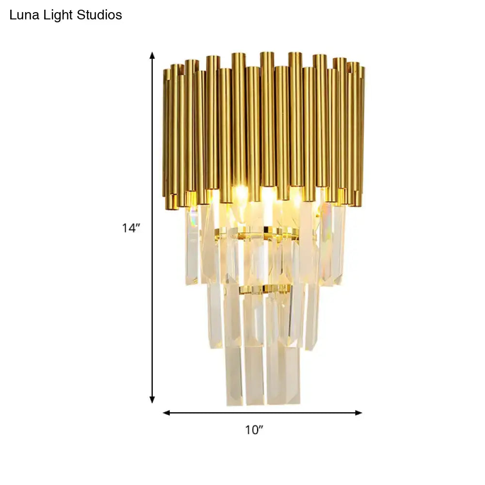 Gold-finished modern wall sconce with cascading crystal prisms e14 light type compatible with led incandescent fluorescent bulbs
