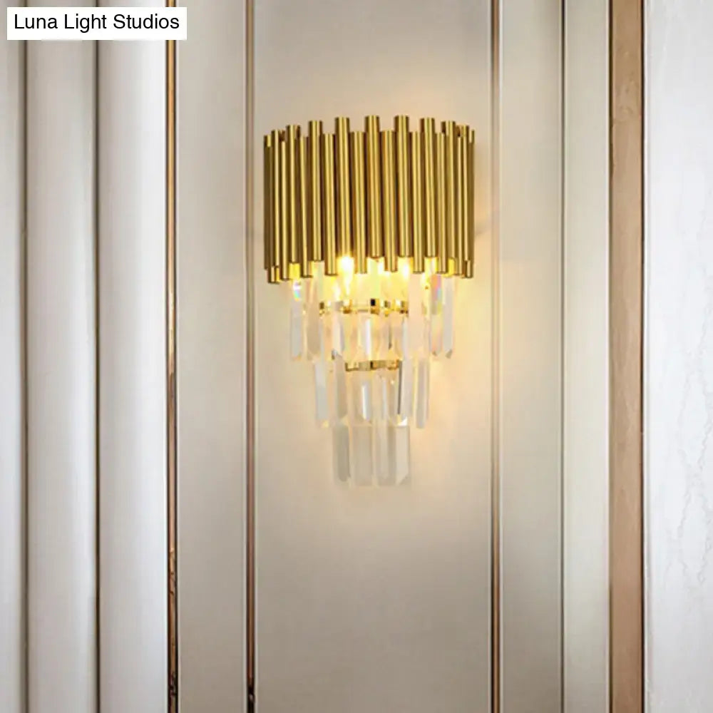 Modern gold crystal wall sconce with vertical rods and dangling crystals e14 light type compatible with led incandescent fluorescent bulbs