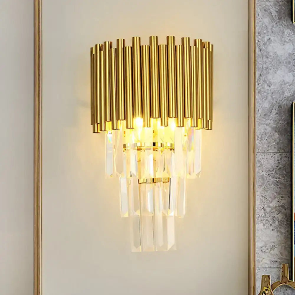 Modern gold crystal wall sconce with vertical brass tubes and clear crystal prisms e14 light type for living room
