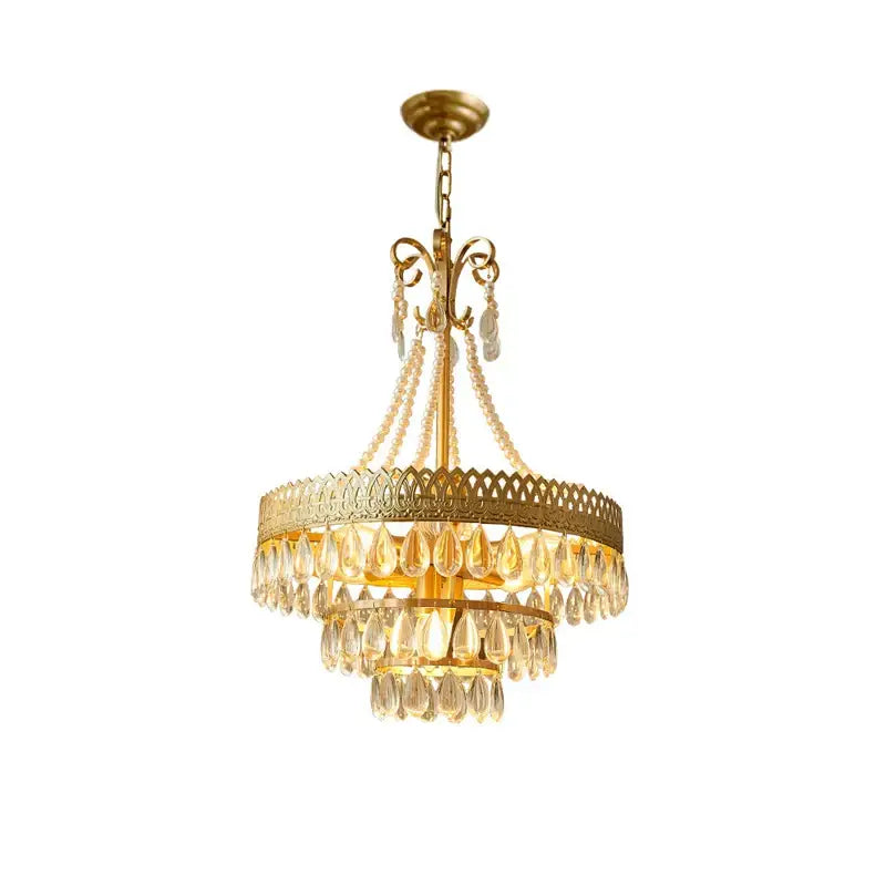 Modern gold crystal water drop chandelier with cascading pink glass beads and ornate metalwork for foyer decorbites decor