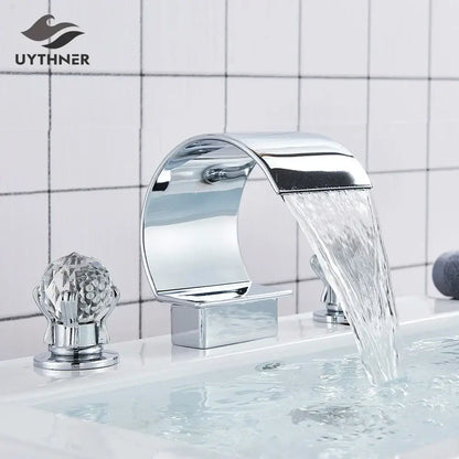 Modern gold crystal waterfall basin faucet with chrome finish curved spout and decorbites crystal waterfall knob handles