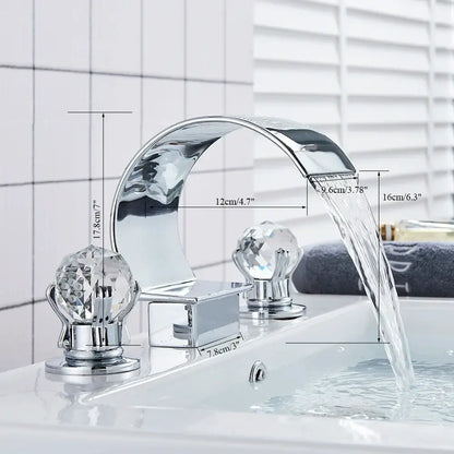 Modern gold decorbites crystal waterfall basin faucet with chrome finish, crystal knobs, and curved spout for bathroom sink tap