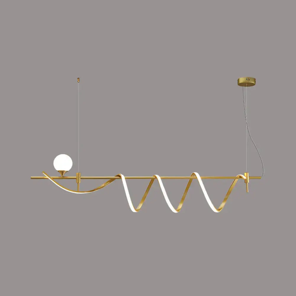 Modern gold curve island light with sleek wave led strip and frosted glass ball as island light fixture