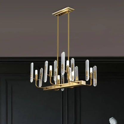 Decorbites™ modern gold curved arm island chandelier with clear crystal glass rods and slender brass arms for living room