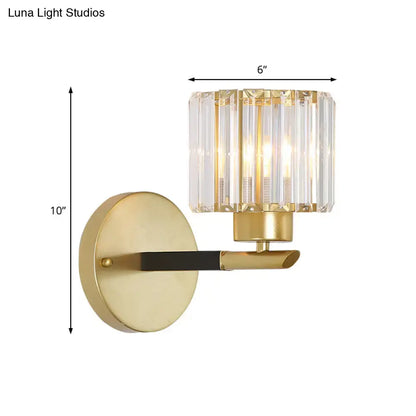 Modern gold cylinder crystal wall light fixture with black accent bar designed for bedroom LED incandescent use
