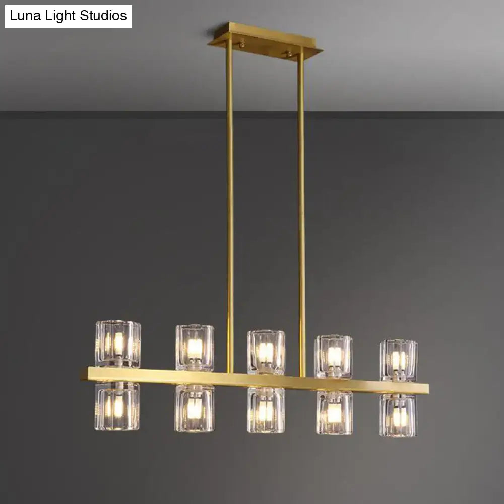 Modern gold cylinder island light fixture with clear glass candle-style shades chandelier for dining room