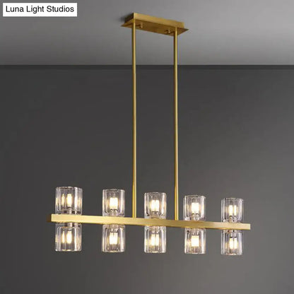 Modern gold cylinder island light fixture with clear glass candle-style shades chandelier for dining room