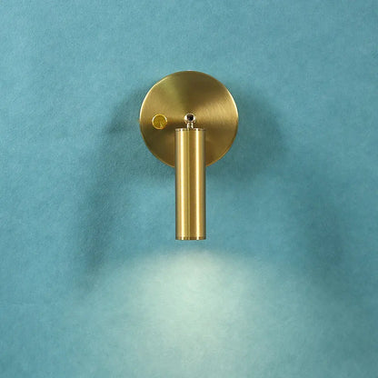 Modern gold cylindrical led wall lamp with circular backplate and knob switch ideal as decorbites led wall lamp