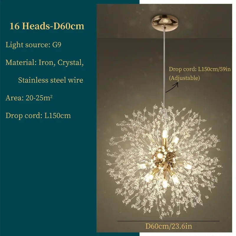 Modern gold dandelion art crystal chandelier with 16 sparkling heads and intricate brass and stainless steel wirework decorbites dandelion art