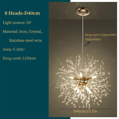 Modern gold dandelion art crystal chandelier with eight g9 lights crafted from iron and stainless steel wire for decorbites dandelion art