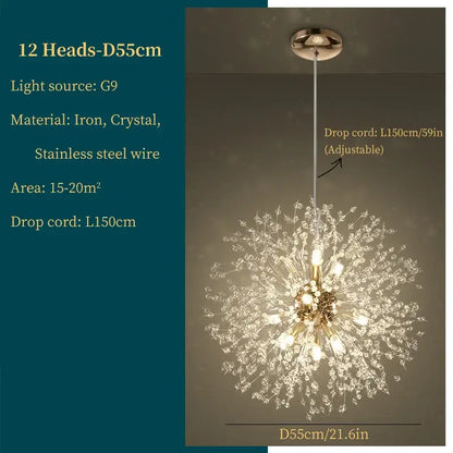 Modern gold dandelion art crystal chandelier with 12 g9 lights crafted from iron and crystal on stainless steel frame by decorbites dandelion art