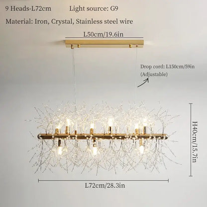 Modern gold dandelion art crystal chandelier with nine illuminated heads in iron, crystal, and stainless steel wire decorbites dandelion art