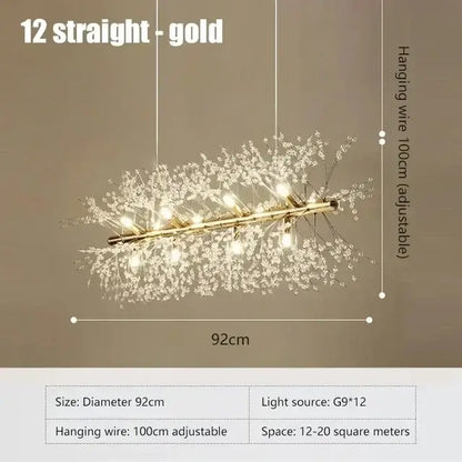 Modern gold dandelion crystal ceiling lamp with 12 straight lights and crystal accents for dining room decorbites dandelion crystal