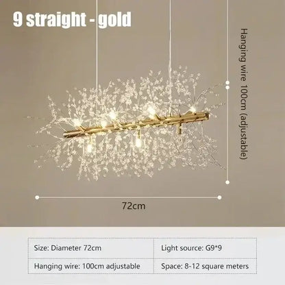 Modern gold dandelion crystal ceiling lamp with branching design and clear crystal droplets for dining room decorbites dandelion crystal