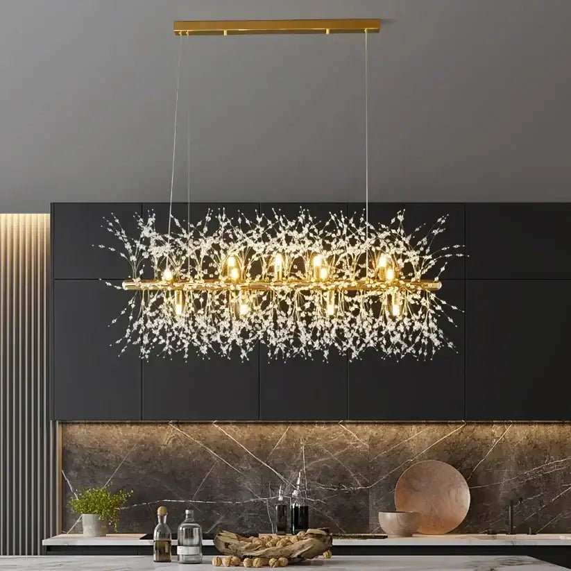 Modern gold-toned crystal ceiling lamp with intricate dandelion crystal design for dining room decorbites dandelion crystal