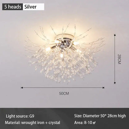 Silver five-head ceiling light with sparkling crystal design and wrought iron frame for modern living room led ceiling