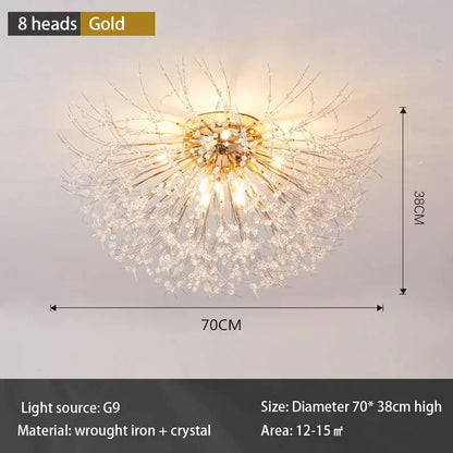Modern gold dandelion led ceiling light with gold-dipped wrought iron and crystal accents for living room use
