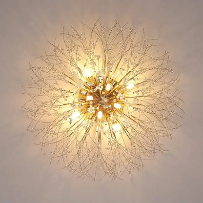 Modern gold dandelion crystal led ceiling light with intricate spiky arms and warm bulbs for living room use