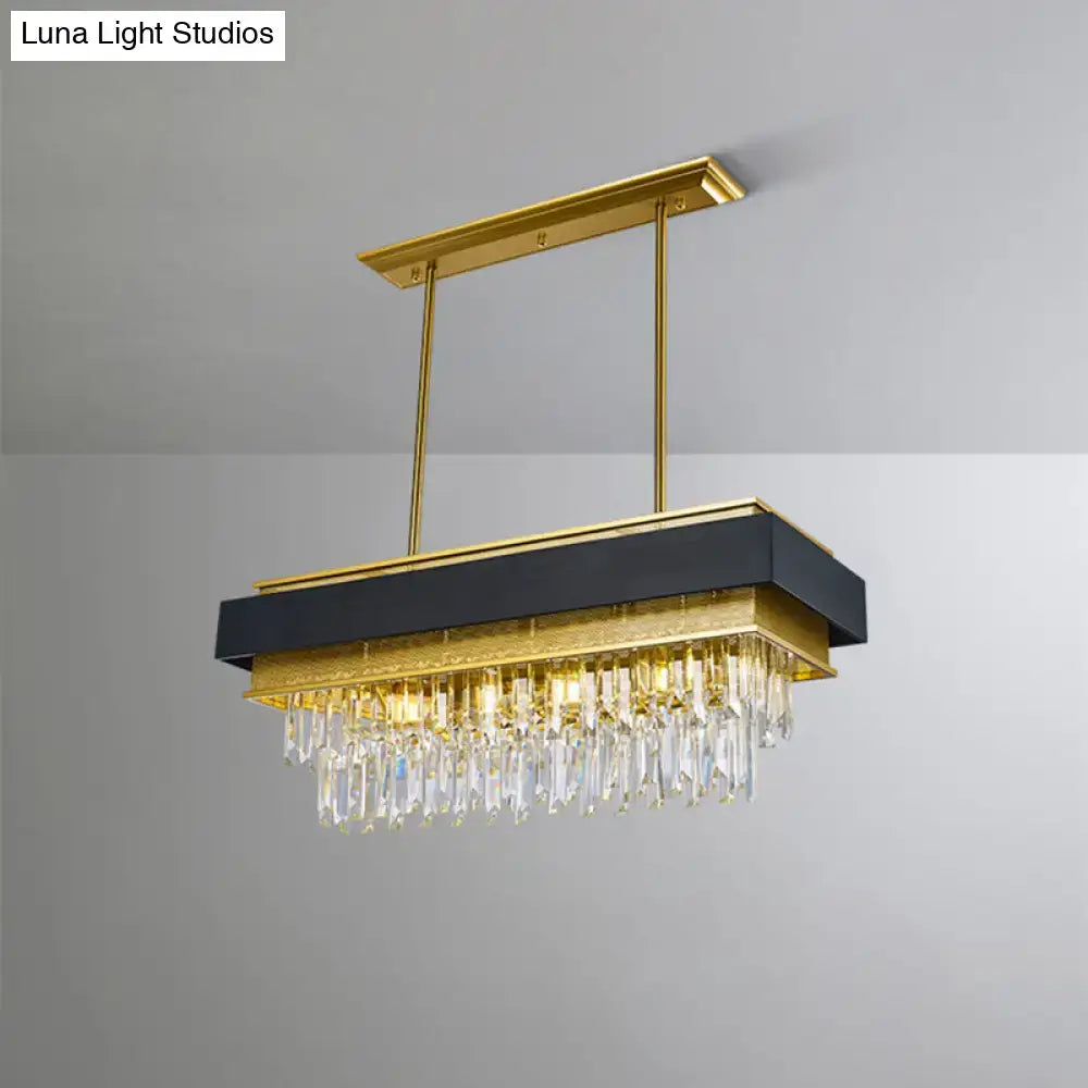DecorBites™ modern black and gold rectangle hanging light with five heads and clear crystal prisms for island lighting