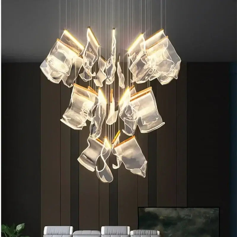 Modern gold decorbites acrylic leaf chandelier with translucent sculptural glass pieces for dining room lighting