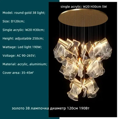 Modern gold decorbites acrylic leaf chandelier featuring six translucent acrylic fixtures on a sleek aluminum bar