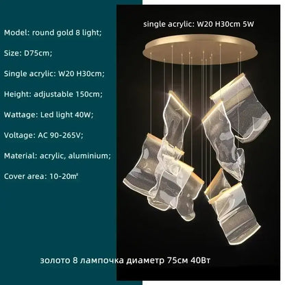 Modern gold decorbites acrylic leaf chandelier with eight translucent acrylic pendants for dining room lighting