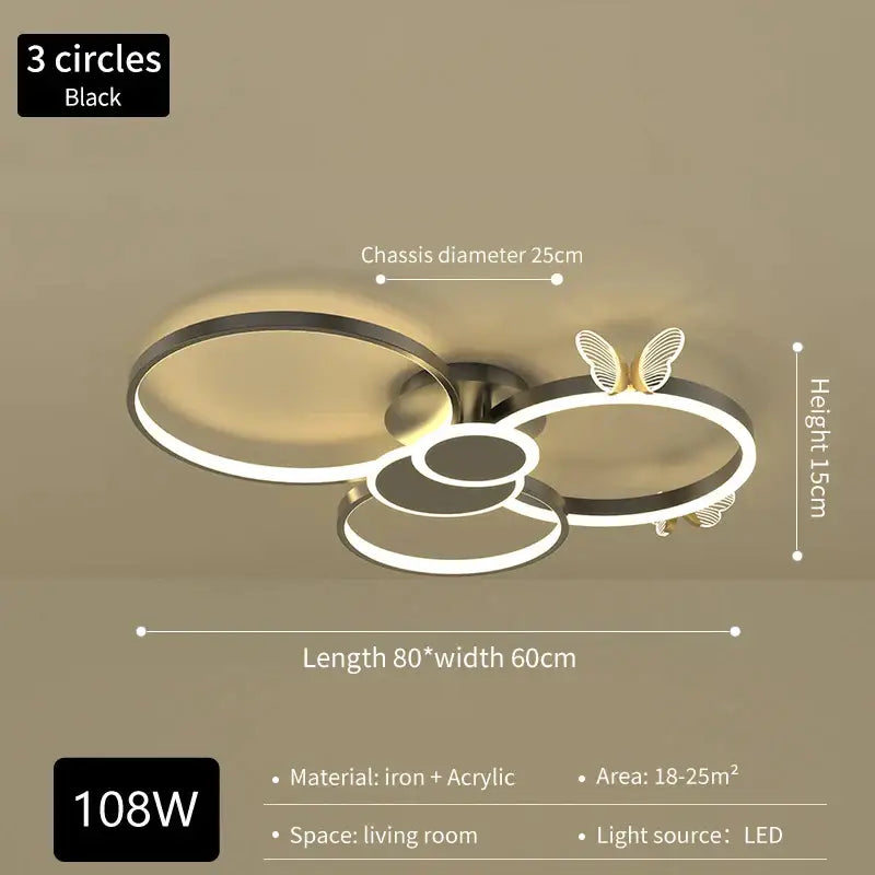Black modern iron and acrylic ceiling light with three interlocking rings and butterfly accent decorbites butterfly light
