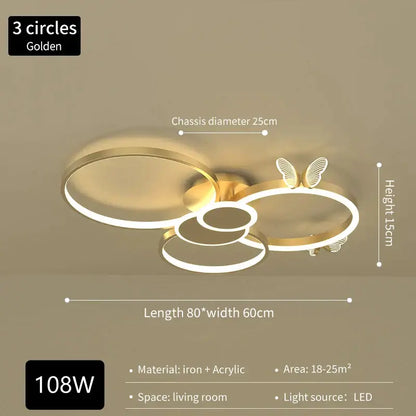 Modern gold decorbites butterfly light round led ceiling lamp with three circles and butterfly accent for living room use
