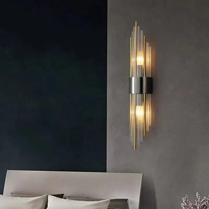 Modern gold decorbites clear crystal led wall lamp with slender transparent glass rods and brushed metal band emitting warm light
