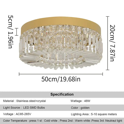 Modern gold decorbites crystal ceiling chandelier featuring a golden frame with cascading clear crystal prisms for dining room