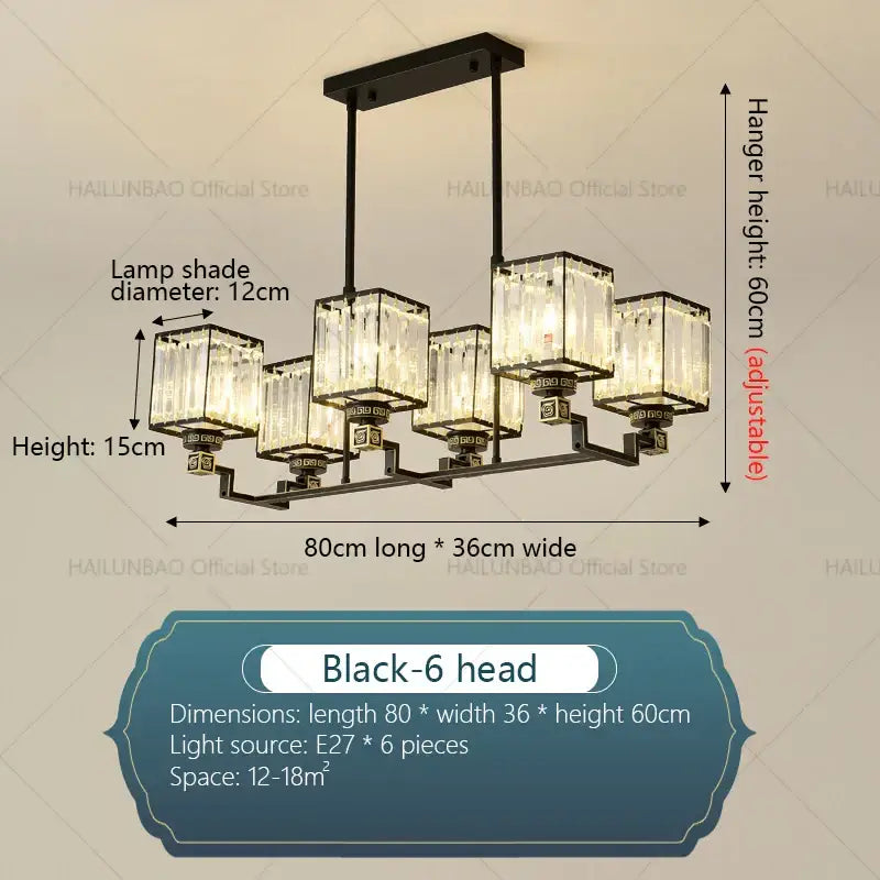 Black metal decorbites crystal chandelier with six rectangular crystal lamp shades for modern living room decor