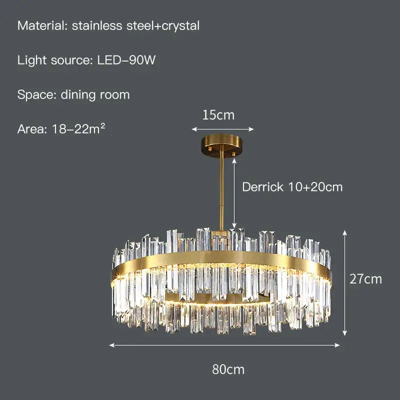 Gold-toned decorbites crystal chandelier with circular frame and hanging prisms in stainless steel for living room and dining room