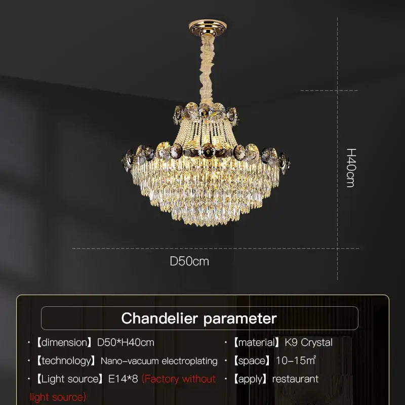 Elegant gold decorbites crystal chandelier with cascading k9 crystals designed for luxurious living rooms and dining spaces
