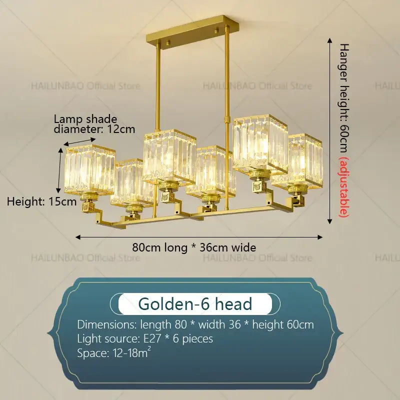 Modern gold decorbites crystal chandelier with six crystal rectangular lamp shades and brass metal frame for living room