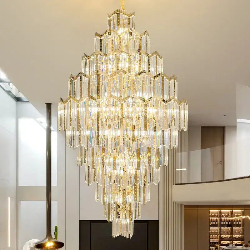 Modern gold decorbites crystal chandelier with cascading clear glass prisms for living room loft lighting