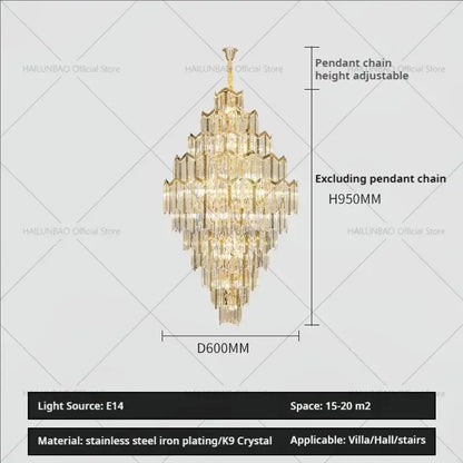 Modern gold decorbites crystal chandelier with gold plated stainless steel and cascading k9 crystal tiers for living room loft