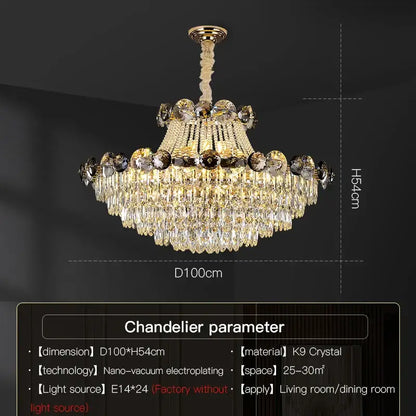 Modern gold decorbites crystal chandelier with cascading clear and dark k9 crystals and brass-finished chain for living room